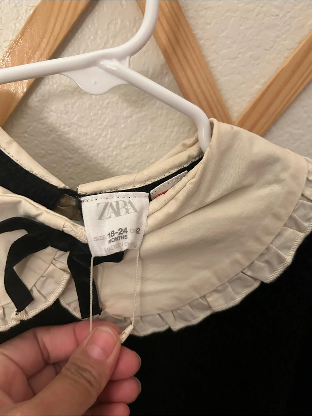 Zara Black Sweater with Cream Ruffled Collar and Bow